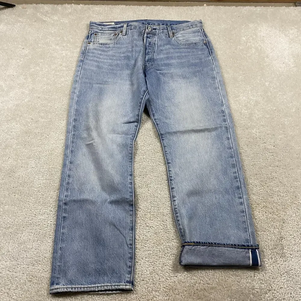 Levis 501 '93 Selvedge Jeans Mens 36x29 Blue Light Wash Straight Leg Premium